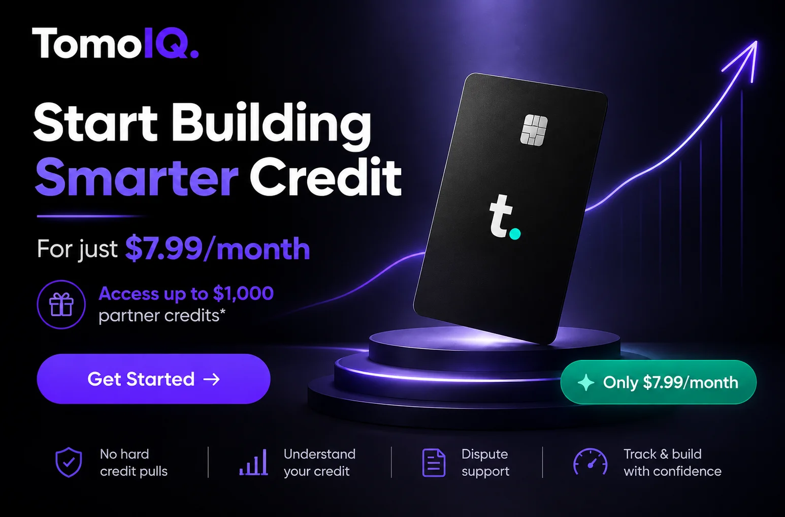 A Tomo Card on a pedestal with the message 'Start Building Smarter Credit'