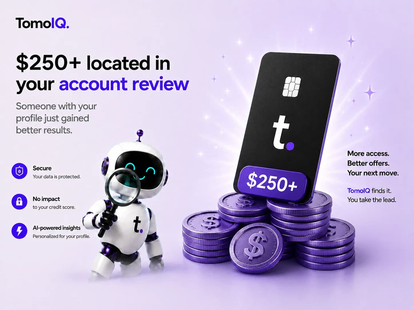 The TomoIQ mascot examining a Tomo Card and a pile of coins with a magnifying glass