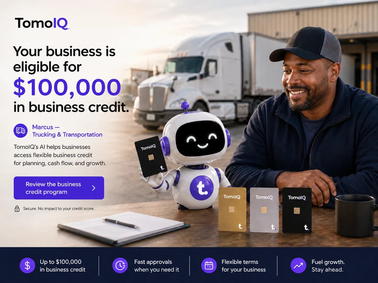 A trucking business owner with the TomoIQ mascot, with text reading 'Your business is eligible for $100,000 in business credit'
