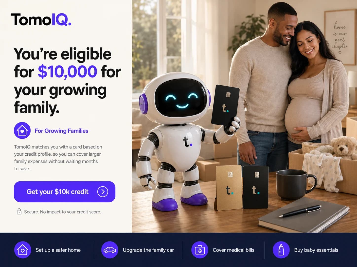 The TomoIQ mascot next to an expecting couple in their home, with text reading 'You're eligible for $10,000 for your growing family'