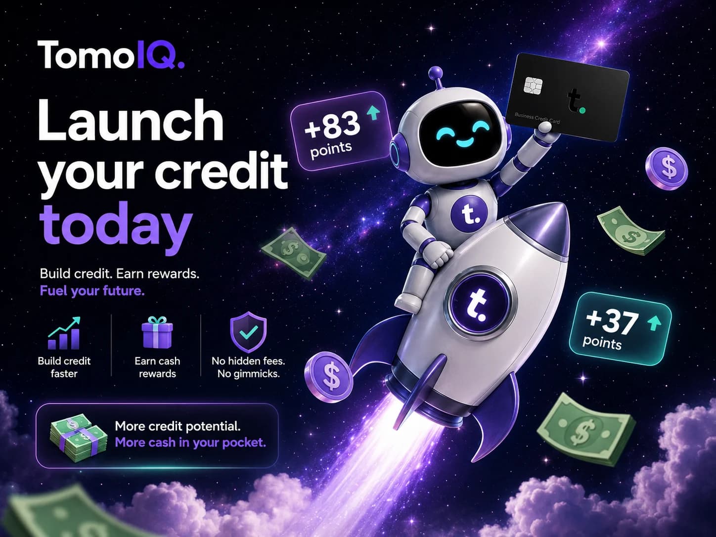 The TomoIQ mascot riding a rocket holding a Tomo Card, with text reading 'Launch your credit today'