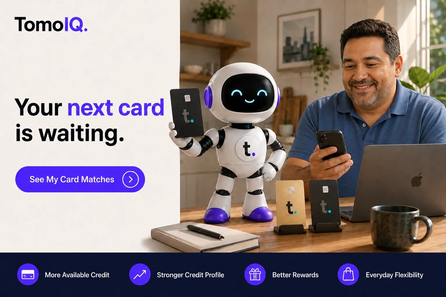 The TomoIQ mascot holding a Tomo Card next to a man reviewing his phone, with text reading 'Your next card is waiting'