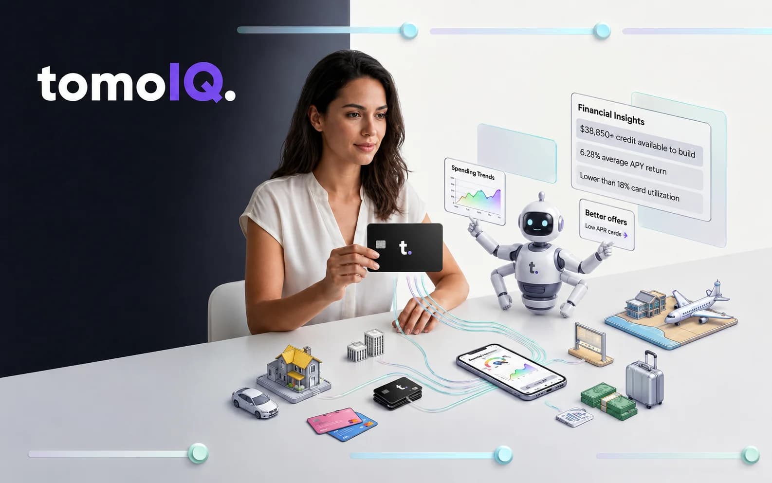 A woman reviewing financial insights with icons representing long-term financial goals like a house, car, and travel