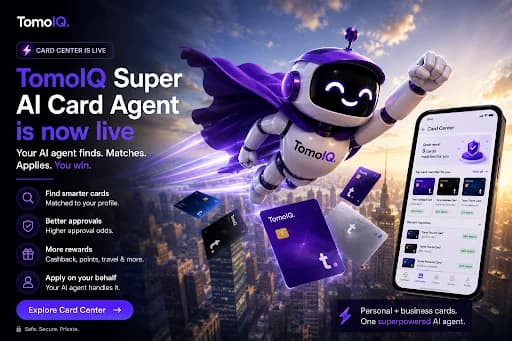 The TomoIQ mascot flying over a city skyline holding a Tomo Card, representing rising credit and wealth