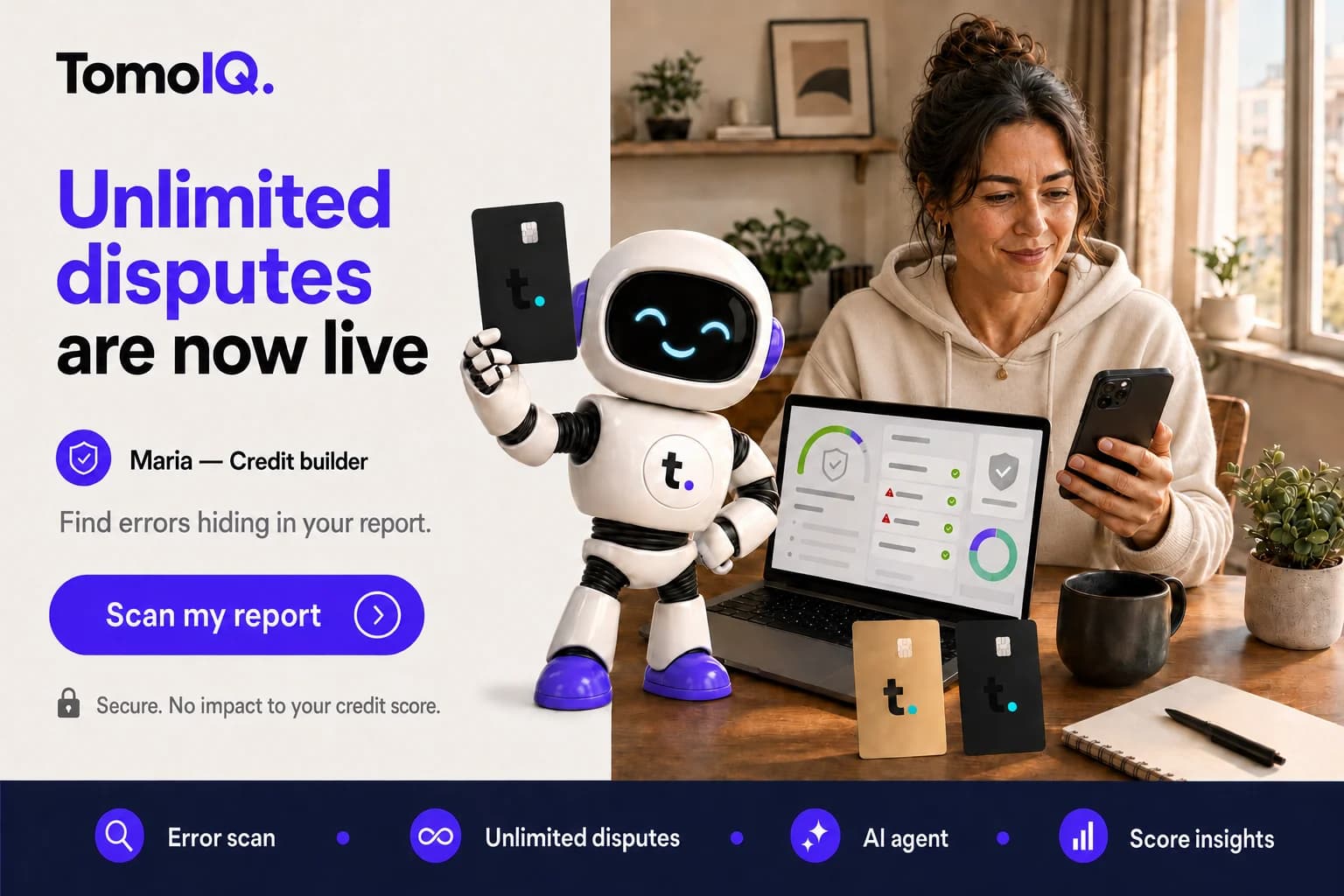 A woman reviewing her credit report on a laptop next to the TomoIQ mascot, with text reading 'Unlimited disputes are now live'