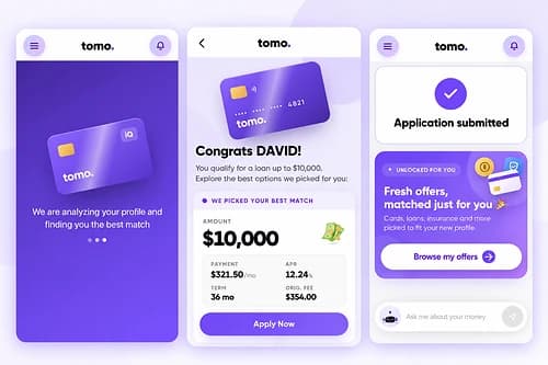 Three phone screens from the Tomo app: a profile-analysis screen, a loan offer of $10,000 with a purple card, and an application-submitted confirmation with curated offers.